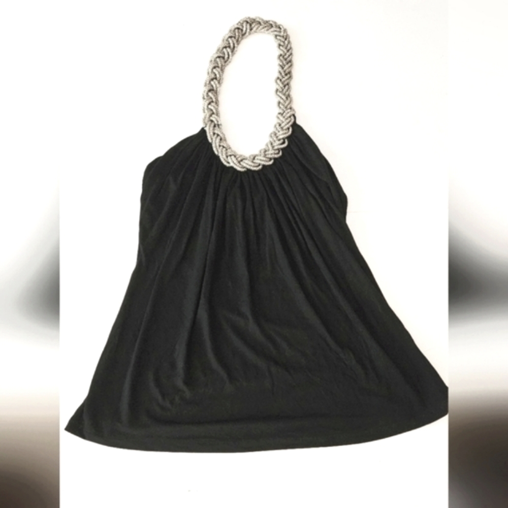 Cable & Gage Womens Medium Black Halter Top W/Silver Braided Metal Neckp…